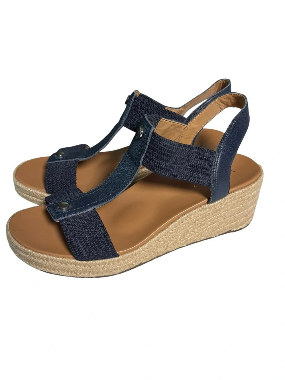 Vionic Calera Navy T Strap Jute Espadrille Wedge Sandal Sz 10